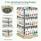 EsLuker.ly Rotating Earring Display Holder Stand for Vendors Events Selling, Large Capacity 36 Hooks Jewelry Rack with Wooden Base for Earring Card Sales, Enhances Retail Visibility(Oak Color)