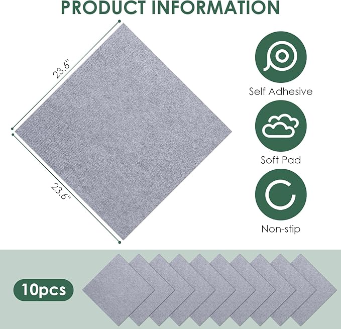 Carpet Tile 10 Pack 24” X 24” Self Adhesive Carpet Floor Tiles Anti-Slip Squares Peel and Stick Floor Tile DIY Installation for Bedroom (Light Grey)