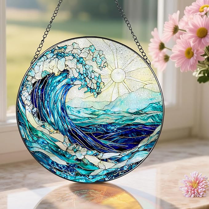 Stained Glass Window Hanging, 8 Inch Ocean Waves Stained Glass Suncatcher, Window Hanging Decor, Beach Decor, Ocean Suncatcher Gift, Beach Lover Gift, Gifts for Couples Friends Family