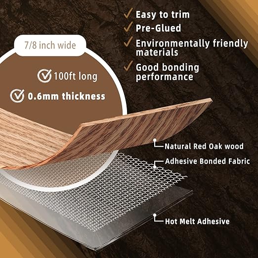 GSCIT Club Red Oak Edge Banding, 7/8 inch x 100ft roll of Veneer Edge Banding -Pre-glued Flexible, Real Wood Tape Banding for Cabinet Repair Furniture Restoration
