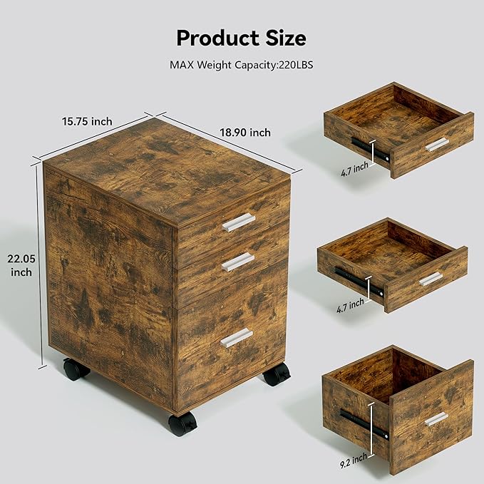 3 Drawer Mobile File Cabinet with Locking Casters,Rustic Brown,Fully Assembled Storage Cabinet with Drawers for Office & Home,18.9" L x 15.75" W x 22.05" H,220 lbs Capacity