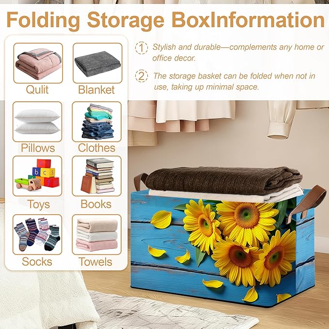 Storage Bin with Handles, Sunset Sunflower Collapsible Laundry Baskets for Books, Laundry - Use in Nursery, Closet Organizers and Storage, Blanket Basket