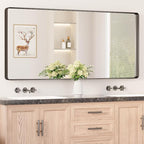 Keonjinn Black Bathroom Mirror for Over Sink, 60” x 28” Large Rounded Rectangle Bathroom Vanity Mirror, Matte Black Modern Decorative Framed Mirror, Anti-Rust, HD Tempered Glass(Horizontal/Vertical)