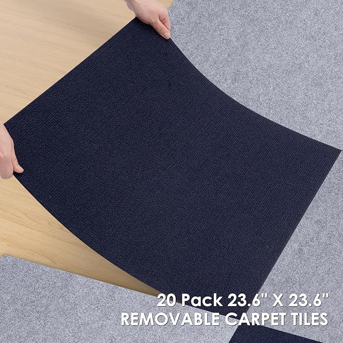 Carpet Tile 20 Pack 24” X 24” Self Adhesive Carpet Floor Tiles Anti-Slip Squares Peel and Stick Floor Tilel DIY Installation for Bedroom(Blue)