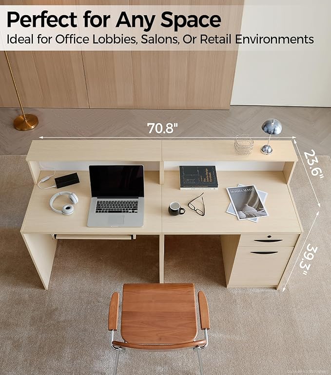 71" Modern Reception Desk with LED Lights, Front Desk Reception Counter with Lockable Drawer, Storage Cabinet & Keyboard Tray for Office, Salon, Checkout (Maple + White)