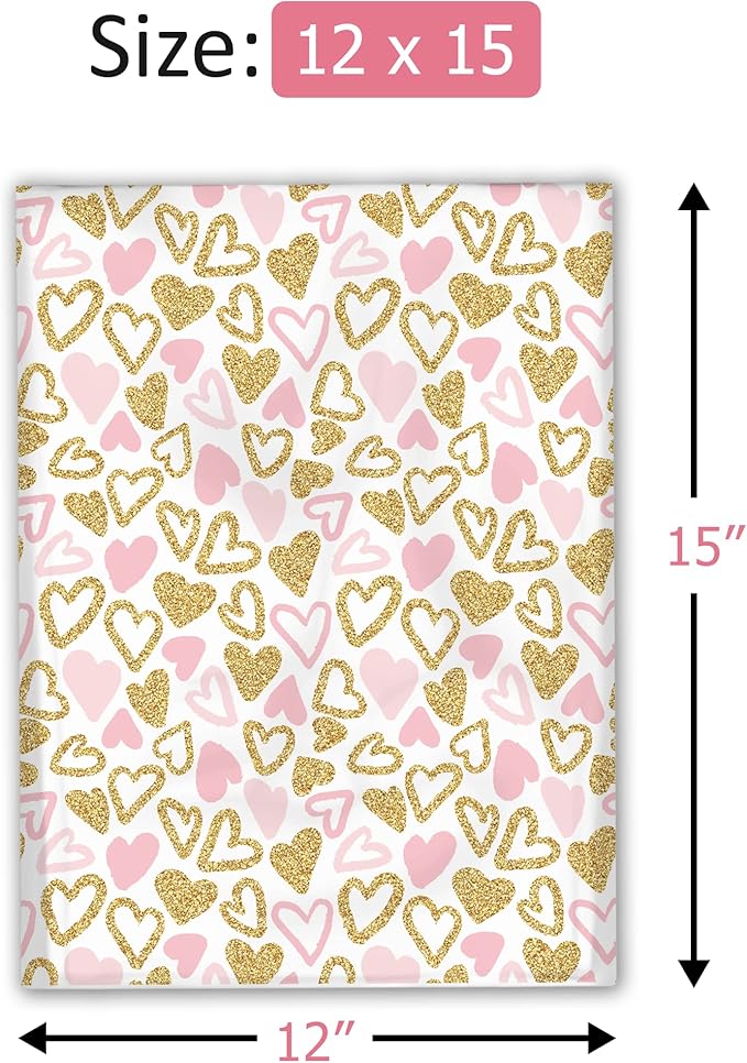 12x15 (50) Pink and Gold Hearts Valentine's Day Designer Poly Mailers Waterproof Self Sealing Tear Resistant Polymailers Large Shipping Envelopes Premium Printed Bags For Small Businesses