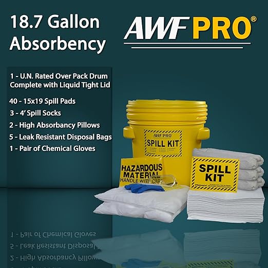 AWF PRO 20 Gallon Oil Only Spill Kit, 59 Pieces – 20 gal DOT Approved Drum, Socks, Pads & Pillows, & Accessories