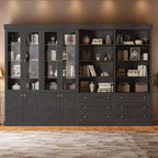 Vyre 71" Tall Farmhouse Bookshelves with Glass Doors and Drawers, Large Modular Bookcase with Adjustable Shelves, Wooden Storage Cabinet for Living Room, Kitchen, Black, Set of 4
