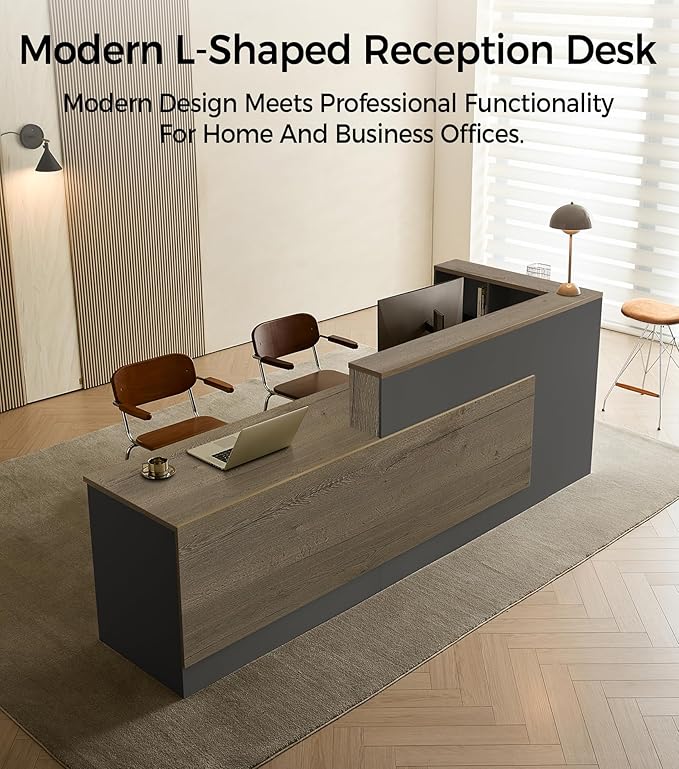 Modern L-Shaped Reception Desk with Counter - 71 inch Front Desk Reception Counter with Open Shelves, Lockable Drawer & Keyboard Tray for Office, Lobby, Checkout (Tobacco Wood + Iron Gray - Left)