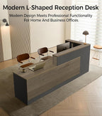 Modern L-Shaped Reception Desk with Counter - 79 inch Front Desk Reception Counter with Open Shelves, Lockable Drawer & Keyboard Tray for Office, Lobby, Checkout (Tobacco Wood + Iron Gray - Right)