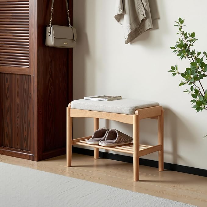 Solid Wood Shoe Bench Assembled, Shoe Rack Bench with Cushion for Entryway, Living Room, Bedroom, Hallway, 11.8" x 17.7" x 16.5", Natural