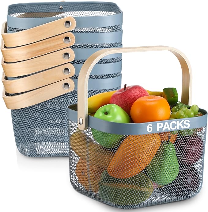 Roshtia 6 Pcs Metal Mesh Steel Basket with Handle, Square Wire Harvest Thanksgiving, Shopping Baskets for Retail Store Christmas Garden Bathroom Kitchen(9.65 x 9.65 x 7.09 Inch,Blue)