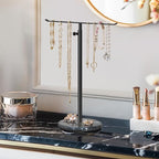 Black Necklace Holder Jewelry Organizer Stand – Adjustable Height T‑Bar Jewelry Display with Dark Gray Marble Base, Necklace & Bracelet Holder, Countertop Jewelry Rack