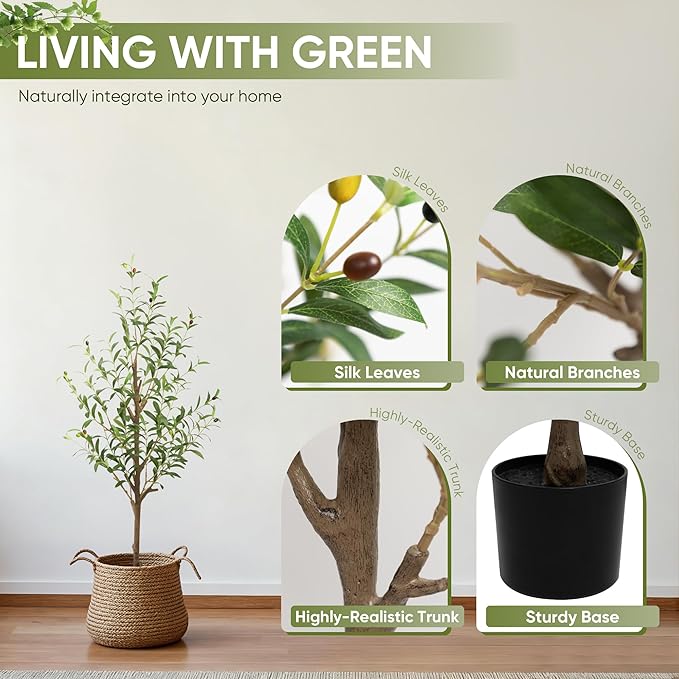 Artificial Olive Tree 4FT, Tall Faux Olive Trees for Indoor Outdoor, Realistic Potted Plant Natural Wood Trunk, Leaves and Fruits for Home Office Decor (1, 4FT)