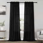 Nanspring Black Semi Sheer Linen Curtains 84 inch Length for Living Room Back Tab Rod Pocket Modern Farmhouse Coastal Decor Black Cotton Textured Gauze Curtains for Dining Room Office 38x84