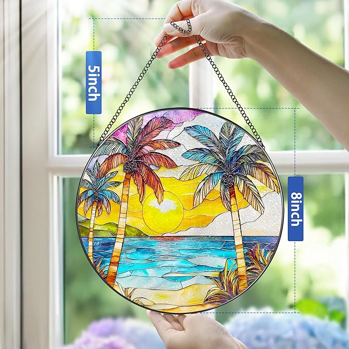Stained Glass Window Hanging, 8 Inch Beach Sunset Stained Glass Suncatcher, Window Hanging Decor, Beach Lover Home Decor, Seabeach Sunrise Suncatcher, Gift for Mom Grandma