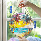 Stained Glass Window Hanging, 8 Inch Beach Sunset Stained Glass Suncatcher, Window Hanging Decor, Beach Lover Home Decor, Seabeach Sunrise Suncatcher, Gift for Mom Grandma