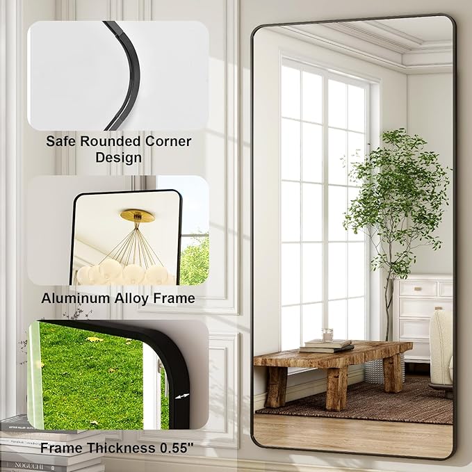 HARRITPURE 80"x40" Oversized Full Length Mirror - Rectangular Black Aluminum Frame Floor Mirror with Stand for Bedroom, Living Room, Cloakroom, Full Body Reflection