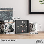 Driini Modern Mid Century Desk & Shelf Clock (Black Rose Gold) - Battery Operated with Silent, Analog Movement – Small Tabletop Clocks for Office – Perfect for Mantle, End Table, Desktop or Nightstand