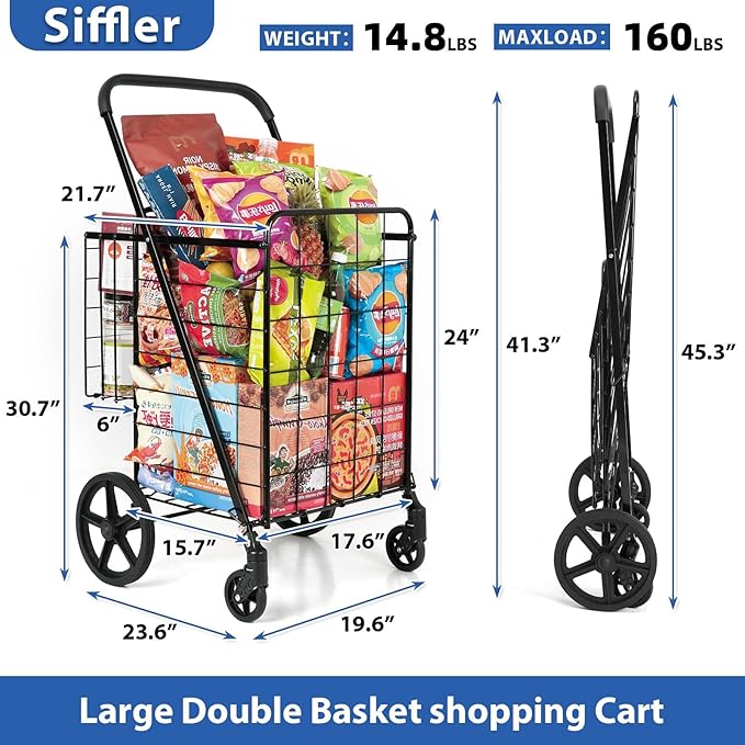 Siffler 33.6Gal Grocery Cart on Wheels, Foldable Utility Heavy Duty Shopping Carts with Double Basket Large Capacity and 360° Rolling Swivel Wheels for Groceries Laundry Transport (Black, Large)