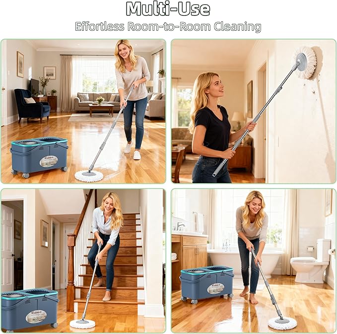 2025 Upgraded Gen 2 Spin Mop and Bucket Set with 4 Swivel Wheels for Easy Rolling, Separates Clean & Dirty Water, Floor Mop with 6 Washable Mop Heads for Wood, Tile, Vinyl, Baseboards - Grey/Blue