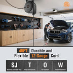 SURAIELEC 12 Gauge Extension Cord Reel, 45 FT Retractable Extension Cord, 12 AWG/3C SJTOW Heavy Duty Power Cord, 15 AMP Circuit Breaker, Lighted Triple Tap, Ceiling or Wall Mount, ETL Listed, Black