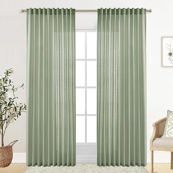 XTMYI Sage Green Country Curtains for Living Room,Sheer Linen Curtains for Bedroom 84 Inches Long,70 Inches Wide