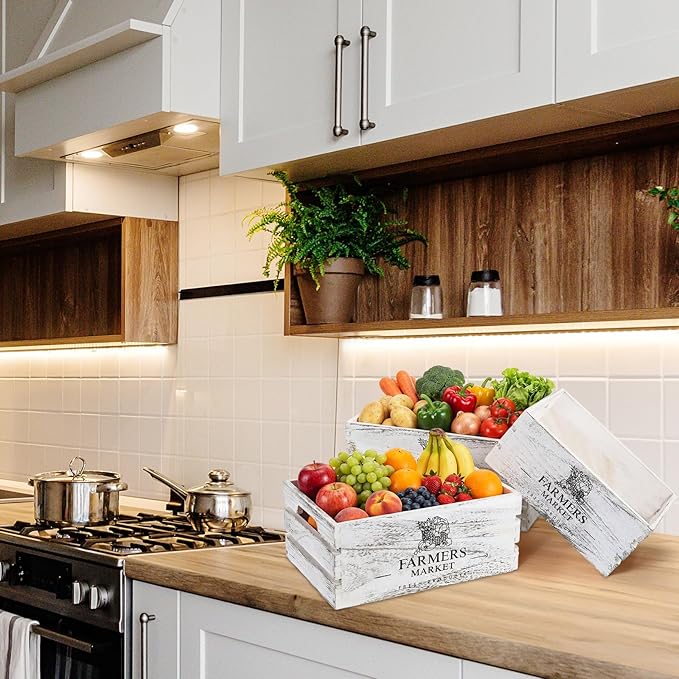 Barydat Set of 5 Wood Crates for Display Decorative Nesting Wooden Crate Storage with Handles Vintage Farmhouse Style Decorative Boxes Multipurpose Fruits Vegetables Boxes (Rustic White,Elegant)