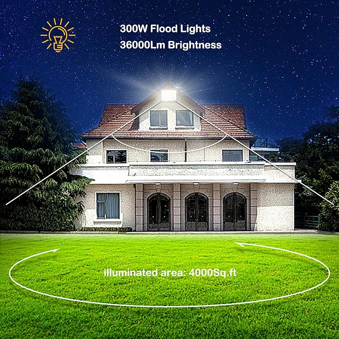 2 Pack 300W LED Flood Light Outdoor (1600W Equivalent), 36000LM Ultra Bright Security Lights, IP66 Waterproof Exterior Plug in Floodlight, 6000K Daylight White for Lawn Yard Garden Stadium