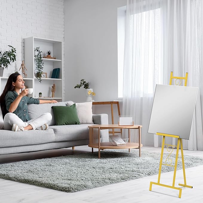 OUSHENG 2 Pack Easel Stand for Sign, Large Wedding Welcome Mirror Holder, Adjustable Free Standing Painting Rack with Chain Support for Display Poster Picture Frame Art, 17" x 17" x 58", Gold