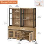 WAMPAT 2 PCS Modern 72" Tall Bookcase with 2 Drawers and Open Book Shelfs, Library Book Shelf with Storage Cabinet and Glass Doors, Wood Freestanding Bookshelves for Home Office, Living Room, Oak