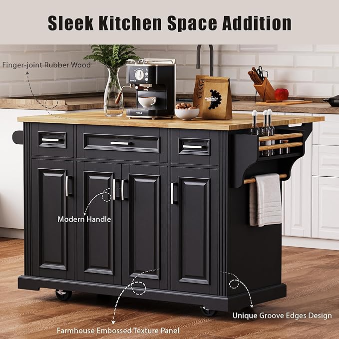 Yayzy Rolling Kitchen Island with Drop Leaf, 4 Cabinet Doors, 3 Drawers & Side Storage Racks, Mobile Kitchen Cart with Rubberwood Top & Locking Wheels for Dining Room & Kitchen, 54-Inch, Black