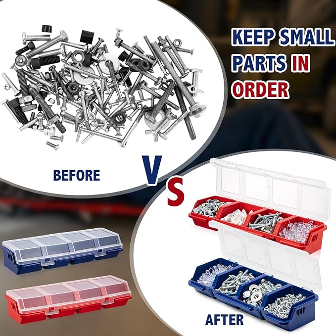 Hushee 6 Pcs Screw Organizer Box with Lid 4 Compartments Tool Bin Divider Plastic Stackable Hardware Organizer Small Part Storage Sorting Screw Box for Garage Workbench Craft Storage (Blue,Red)