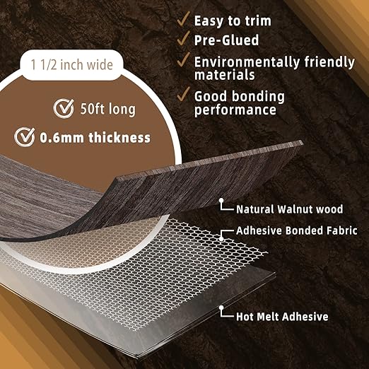 GSCIT Club Walnut Edge Banding, 1 1/2 inch x 50ft roll of Veneer Edge Banding Pre-glued Flexible, Wood Tape Banding for Cabinet Repair Furniture