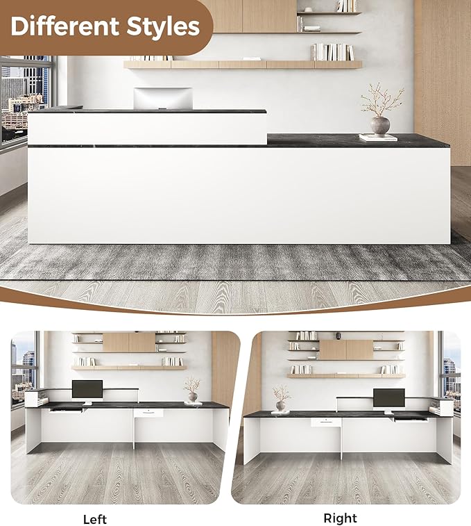 Modern L-Shaped Reception Desk with Counter – 71" Front Desk Reception Room Table with Lockable Drawer & Keyboard Tray for Office, Salon, Lobby, Checkout (White + Black, Right)
