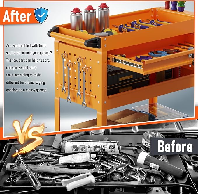 3 Tier Rolling Tool Cart, Heavy Duty Tool Cart on Wheels for Mechanics,400 LBS Tool Cart with Drawers for Garage, Warehouse & Repair Shop (Orange)