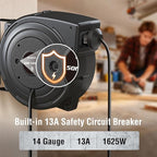 SURAIELEC 50FT Retractable Extension Cord Reel, 14AWG/3C SJTOW Heavy Duty Power Cord with Lighted Triple Tap, 13A Circuit Breaker, Ceiling/Wall Mount for Garage, Shop, Workshop, ETL Listed, Black