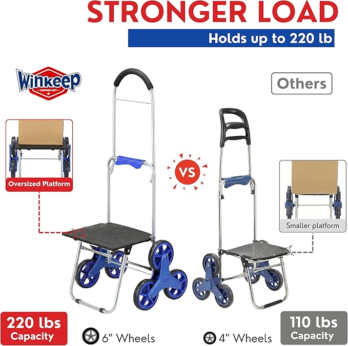 Shopping Cart, Super Loading Stair Climber 220 lbs Capacity, Grocery Foldable Trolley with Extra Large Shopping Bag Laundry Utility Cart with Adjustable Bungee Cord, blue
