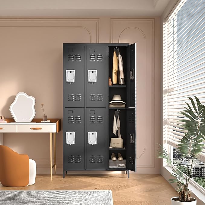6 Doors Locker Storage Cabinet, Metal Locker for Employees, 72" Tall Lockers for Office School Gym Home, Require Assembly (Black)