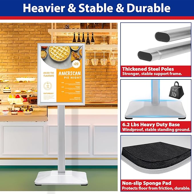 Pedestal Sign Holder 11x17inch Adjustable Floor Stand With Heavy Base & Snap Frame Display for Indoor Outdoor Business Store Poster (Silver)