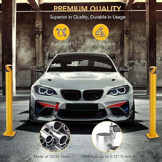 4-Pack 42 Inch Steel Safety Bollard Post, 4.5 Inch Diameter Metal Safety Bollard with 16 Anchor Bolts for Driveway Barrier, Parking Pole, Traffic Control