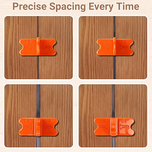 8 Pcs Deck Spacer Tool, Orange Deck Board Spacers with 4 Thicknesses 1/16", 1/8", 3/16", 1/4", Deck Spacers Jig Clamp for Pressure Treated Composite Decking Boards