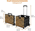 Inspired Living Ultra-Slim Rolling Collapsible Storage Pack-N-Roll Utility-carts, with Telescopic Handle, for Home, Garden, Shopping, Office, School use, Large, Leopard