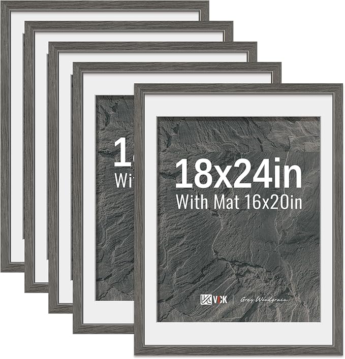 VCK 18x24 Poster Frame 5 Pack - Grey, High-End Wood Picture Frames with Polished Plexiglass, Display 16x20 Photo with Mat or 18x24 without Mat, Art Gallery-Quality, Wall Hanging, Grey