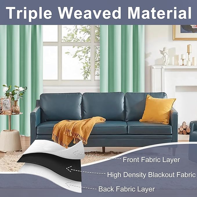 JIUZHEN Blackout Curtains for Bedroom– Thermal Insulated,Noise Reducing Room Darkening Privacy Drapes for Living Room, Set of 2 Panels with Tiebacks, 42 x 72 inch Long, Mint Green
