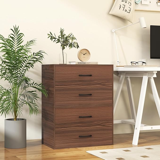 GOFLAME Stackable 2-Drawer Dresser, Wood Horizontal Storage Organizer with Metal Handle & Smooth Sliders, Lateral File Cabinet with Anti-tilt Kit for Bedroom Office, Walnut