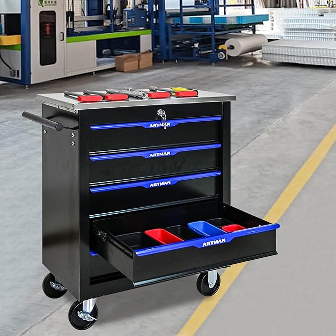 5-Drawer Heavy-Duty Rolling Steel Tool Cart with Handle&Wheels, Metal Storage Organizer Cabinet, Tool Chest for Efficient Tool Storage in Garage, Warehouse, Workshop, Repair Shop, Blue