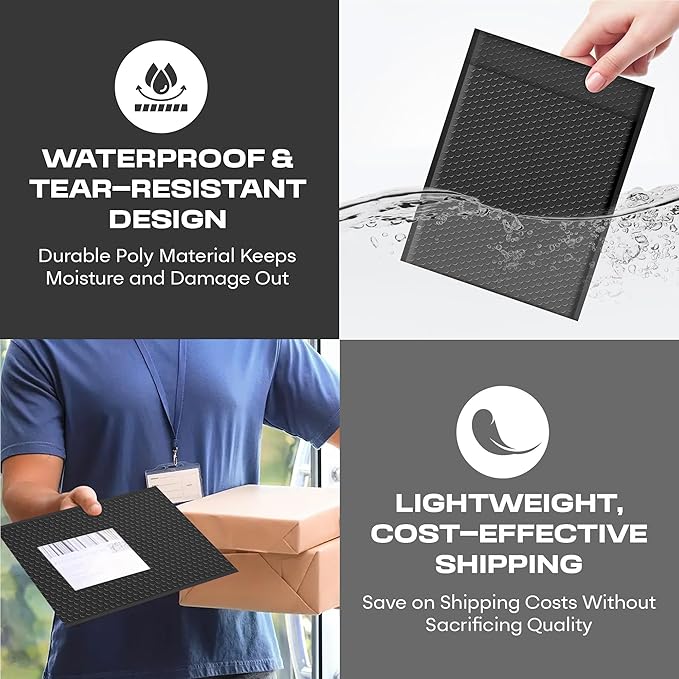 Black Poly Bubble Mailers 8.5x12 inch #2 | Self Seal Padded Envelopes | Cushioned Bubble Mailer | Usable Size 8.5x11 | WaterProof | Lightweight mailing Shipping Bags | US Made | 100 Pack Bulk