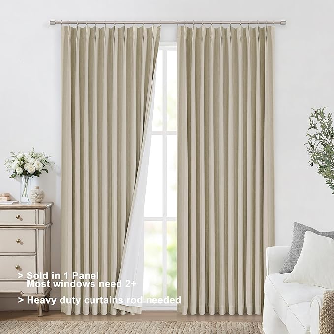 Vision Home Sand Pinch Pleated Full Blackout Curtains Linen Blended Room Darkening Window Curtains 84 inch for Living Room Bedroom Thermal Insulated Pinch Pleat Drapes with Hooks 1 Panel 60" Wx84 L