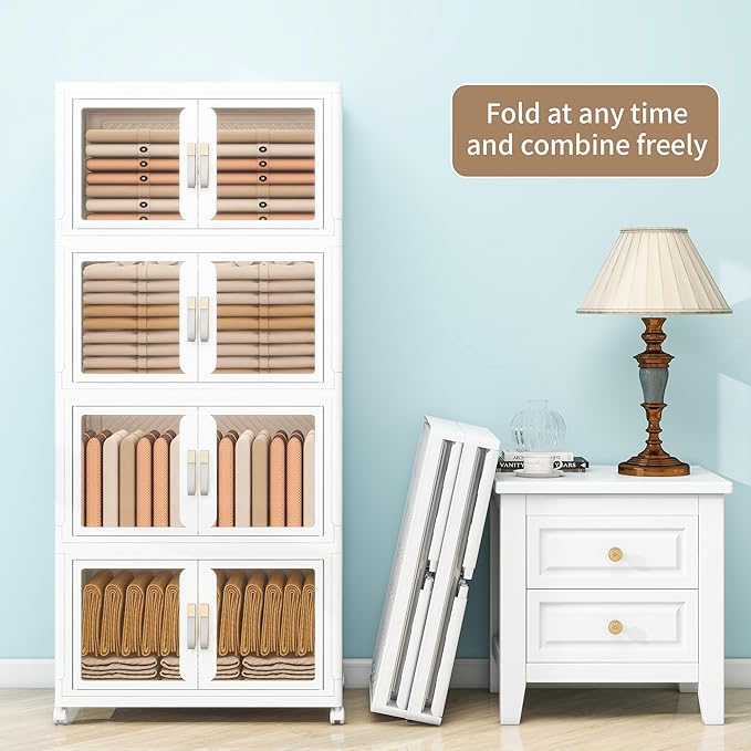 Large Clear Stackable Storage Bins with Lids, 398QT-99.5QT*4Tier Foldable Cabinet for Closet Organizers, Plastic Storage Box with Wheels White